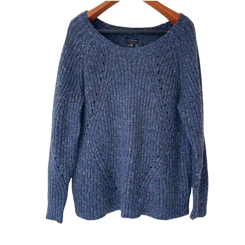Lucky Brand Wool Blend Slouchy Blue Speckled Ribbed Knit Fisherman’s Sweater